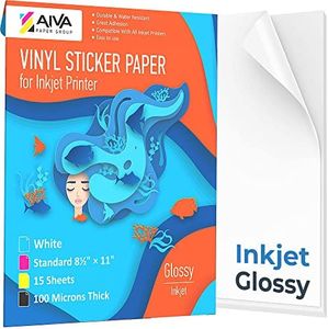 Printable Vinyl Sticker Paper - Waterproof Decal Paper for Inkjet Printer - 15 Self-Adhesive Sheets - Glossy White - Standard Letter Size 8.5"x11"