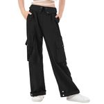 Cargo Pants for Girls Wide Leg Y2K Cargo Trousers with Pockets Streetwear Kids Pants (Black, 10-12)