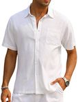 EISHOPEER Mens Casual Cotton Linen Shirts Button Down Loose Short Sleeve Summer Shirt White Large