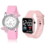 Goldenize Fashion Plastic Waterproof Led Digital Display With Diamond Analog Butterfly Dial Women's & Girl's Combo Wrist Watches Pack F 2 (Pink)