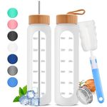 32oz Glass Water Bottle with Time Marker - 1000ml Large Motivational Water Bottle with 2 Bamboo Lids, Sealed & Straw Hole, 1L Bottle for Fitness with Stainless Steel Straw & Silicone Case (White)