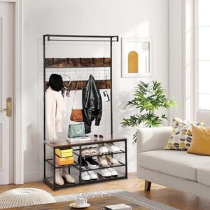 GarveeHome Coat Rack, 3-in-1 Hall Tree with Storage Bench, Entryway Coat Rack with Storage Shelves, Remove Hooks, Multifunctional Sturdy Steel Frame Furniture, Industrial Design, for Home Entryway
