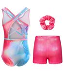 uideazone Leotards For Girls Quick Dry One Piece Gymnastics Outfit Sparkly Pink Marble Print Unitards Set With Shorts