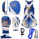 Kids boxing 6 PCS Blue set uniform top & short 1022 boxing gloves 1113 focus pad rope wrap key ring Professional Training accessories kit for MMA Muay thai kickboxing - 6OZ (1113 Blue, 5-6 year)
