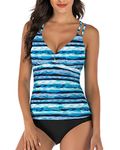 VECENEY Tankini Swimsuits for Women Two Piece Bathing Suits Cutout Criss Cross Swimsuit V Neck Swimwear Blue Striped L