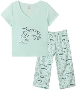 YIJIU Women Soft Comfy Pajamas Cute Cat Short Sleeve Capri Pants PJS Set, Greencat, Large