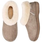 EverFoams Ladies' Micro Suede Memory Foam Slippers with Fluffy Faux Fur Collar and Indoor Outdoor Rubber Sole Taupe, Size 5-6 UK