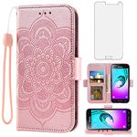 Asuwish Phone Case for Samsung Galaxy J3 2016/J 3 V/J36V/Sky/Amp Prime Wallet Cover with Tempered Glass Screen Protector and Flip Credit Card Holder Cell Sol J3V JV3 J36 6 J320V J320A Women Rose Gold