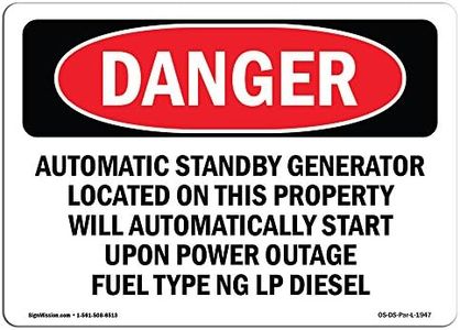 OSHA Danger Sign - Automatic Standby Generator Located On This | Vinyl Label Decal | Protect Your Business, Construction Site, Shop Area | Made in The USA, 5" X 3.5" Decal Set Of 10