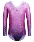 Gymnastics Leotard for Girls Long Sleeve Shiny Diamond Ballet Dance One Piece Activewear B269_Purple_12A