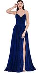 Meier Women's Metallic Glitter Pleated Long Prom Formal Dress, Navy, 8