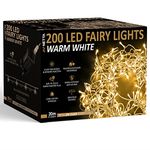 Christmas Tree Lights 200 LED 20m Lit Length Warm White with Clear Cable - Fairy String Party Lights Plug in with Memory Functions, 10cm Bulb Distance - Suitable for Outdoor/Indoor Use