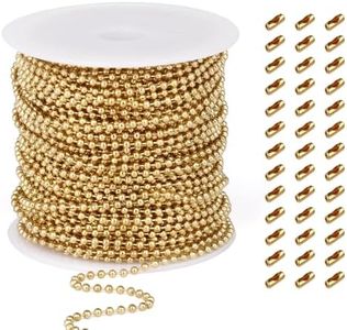 50FT 18K Gold PVD Plated Ball Bead Chains Roll, 1.5mm Gold Stainless Steel Ball Beaded Chains Spool with 30 PCS Connectors Bulk for Jewelry Making