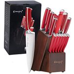 Emojoy Knife Set, 15-Piece Kitchen Knife Set with Block Wooden, Red Handle for Chef Knife Set, Kitchen Knives Sharpener and Scissors German Stainless Steel