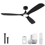 60 Inch Ceiling Fan with Lights, Solid Wood Blades Smart Ceiling Fan with Remote and App Controls, ETL Quiet DC Motor 6 Speed, Timing, High CFM, Dimmable LED Light for Home Office (Black)