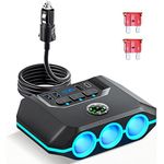 Car Cigarette Lighter Splitter, Car Charger Adapter 120W QC 3.0 & PD 20W with 3 Cigarette Lighter Sockets, 12V/24V Car Lighter Adapter Plug Outlet with Voltmeter, Fast USB Phone Charger for iPhone