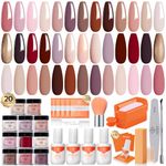 Modelones 32 Pcs Dip Powder Nail Kit Starter, 20 Colors Pink Nude Brown Glitter Dipping Powder Liquid Set with Base/Top Coat Activator Brush Saver for Nail Art Beginner DIY Salon New Year Gift