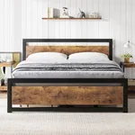 GarveeHome Queen Size Bed Frame, Industrial Queen Bed Platform with Headboard No Box Spring Needed, 14 Inch Easy Assemble Queen Mattress Bedframe, Retro Brown