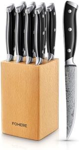 Couteaux à Steak, 8 Pièces Couteaux de Table avec Bloc à Couteaux, Ensemble de Couverts à Steak à Lame Droite Extra Tranchante, avec Motif Damas, Poignée Pleine Soie, Couteaux pour Maison et Cuisine