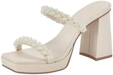 Coutgo Women's Platform Chunky High Heels Slip On Pearl Sandals Two Strap Square Toe Slides Dress Wedding Shoes, Beige, Size 8.5