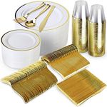 600 Piece Gold Dinnerware Set – 200 White and Gold Plastic Plates – Set of 300 Gold Plastic Silverware – 100 Gold Plastic Cups – Disposable Gold Dinnerware Set for Party or Wedding up to 100 Guests (100 Guest Set, Gold)