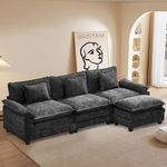 SAMERY Sectional Sofa, Big Comfy Cloud Couch L Shape Sofa Sectional Couches for Living Room Extra Deep Seat Sofa Sleeper with Ottoman, Pillows, Black 3-Seater Chenille Sofa