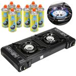 Taylor & Brown Black Portable Dual Burner Camping Stove with 8 Butane Gas | EN417 Compliant Premium Camping Stove Gas Portable | with Automatic Ignition & Heat Control