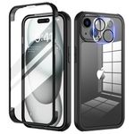 seacosmo iPhone 15 Case 6.1 Inch, Full-Body Shockproof Case with Built-in Glass Screen Protector and Camera Lens Protector Rubber Bumper Phone Case Cover for iPhone 15 2023- Black/Clear