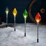 Lights4fun Set of 4 Multi Colored C9 Light Bulb Battery Operated LED Outdoor Christmas Decoration Garden Stake Path Lights 46cm