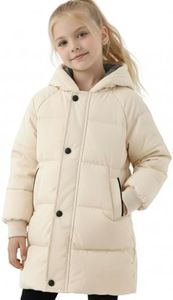 PATPAT Hooded Puffer Jackets for Girls Size 6-7 Years Beige Heavyweight Medium Length Winter Coat Warm Quilted Padded Little Kids Fall Winter Outwear
