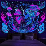 INSROAM Blacklight Butterfly Tapestry UV Reactive Tapestry For Bedroom Skull Mushroom Tapestry Plant Tapestry Wall Hanging Hippie Room Decor (51"x59")