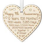 Happy 9th Anniversary Gift for Couples 9th Wedding Anniversary Gifts for Him Her Wedding Present for Husband 9 Years Celebration Keepsake Wooden Heart Plaque for Wife Spouse Partner