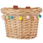 AVASTA Wicker Kids Bike Basket for 12, 14, 16 Girls & Boy Bikes, Scooters, Tricycle,Come with Leather Straps, Decorated with Felt Balls，Size XS, Honey Yellow