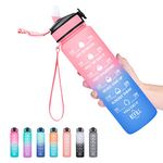 HYETA 32 OZ Water Bottle with Times to Drink and Straw, Motivational Time Marker Water Bottles with Strap, Leakproof & BPA Free, 1 Liter Reusable Sports Water Bottle for Fitness, Gym & Outdoors, Pink-Blue