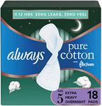 Always Pure Cotton Feminine Pads for Women, Size 5, Extra Heavy Overnight, with wings, Unscented, 18 CT