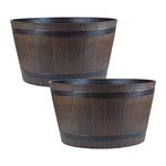 Homestead Brown Half Barrel Cask Planter - Large, Set of 2 Pots - 22cm (H) x 40cm (Dia) - Suitable for Indoor or Outdoor Use.