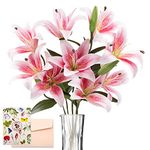 SNAIL GARDEN 12 Heads Artifical Lily Flowers, Long Stem Artificial Lilies with 9 Heads Full Bloom Lily & 3 Lily Buds-Faux Tiger Lily Bouquets for Home Hotel Flower Arrangement Party Decor(Pink White)