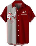 Men's Bowling Shirts Vintage Printed Chest Pocket Hawaiian Shirt Short Sleeve Casual Aloha Beach Camp Shirt, Red Christmas, Small