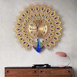 TOAVI Wall Art Decor, Peacock Wall Clock, Metal Peacock Art Rhinestone Decorations, Indoor Silent Battery Operated Metal Decorative Clock for Living Room