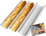 GOURMEO Non-Stick Baguette Baking Pan - French Bread Loaf Tray for 3 Perfectly Baked Baguettes - Perforated Silver Baguette Bake Pan for Baking Supplies