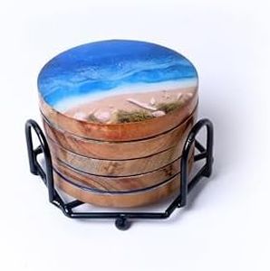 Alivealley Epoxy Resin Ocean Wooden Cups Coaster for Drink, Coffee Table, Bar, Tabletop Protection Decor Set of 4 with Holder