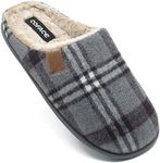 COFACE Mens Grey Flano Plaid Memory Foam Mule Slippers Slip On Warm Fluff House Indoor/Outdoor Shoes With Anti-skid Sole Size 8.5