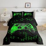 Erosebridal Gamer Comforter for Boys Teens Geometric Honeycomb Hexagon Comforter Set Kids Cool Gaming Bedding Set Full Video Game Gamepad Down Comforter for Game Room Decor Green Black Duvet Set