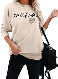 Dressmine Women Mama Sweatshirt Long Sleeve Raglan Graphic Tees Shirt Heart Leopard Print Tops Pullover Apricot X-Large