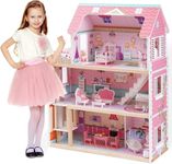 ROBUD Wooden Dolls House Girls Toys Kids Doll House with Furniture Accessories Kids Modern Dollhouse Gifts for Kids Girls