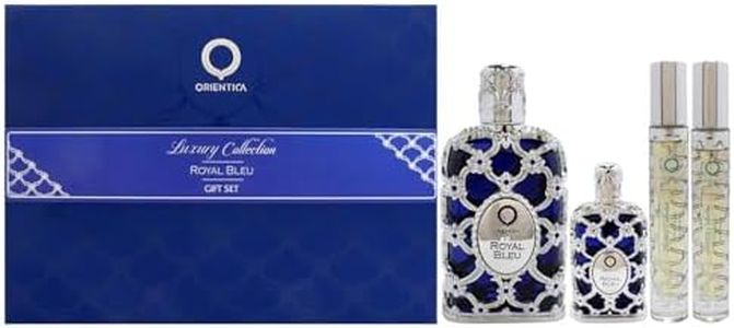 Orientica Royal Bleu 4 Pc Gift Set Eau De Parfum - Woody, Vanilla, Cardamom, Bergamot, Lavender, Apple, Jasmine, Patchouli, Musk - Perfume for Men & Women-2.7oz, 2x10ml spray, 7.5ml splash