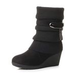 WOMENS LADIES MID HEEL WEDGE KNITTED COLLAR SLOUCH BUCKLE ANKLE BOOTS SIZE 3 36 Black