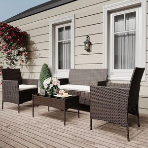 4 Piece Patio Furniture Set, Outdoor Deck Rattan Chair Wicker Combo Furniture, All Weather Dialogue Rattan Sofa with Upholstery and Glass Table for Garden, Backyard, Porch, Lawn, Pool, Brown