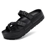 Waysoland Women's Platform Sandals with Arch Support Comfortable Slides Thick Soles Flat Sandals With Adjustable Buckle & Ultra Cushion(Black,6 UK)