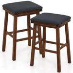 COSTWAY Bar Stools Set of 2, Upholstered Saddle Stools with PU Cushion Surface, Footrest & Anti-slip Pads, Solid Wood Counter Height Breakfast Kitchen Stool for Home Dining Room (Brown, 50x40x76cm)